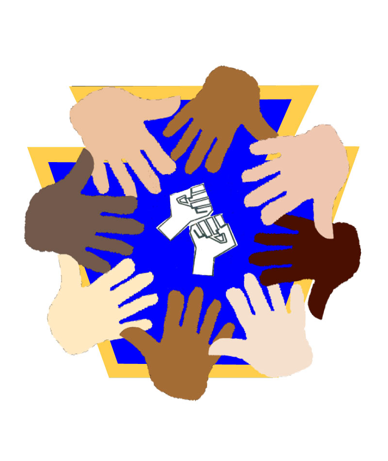 Circle of hands around sign for support